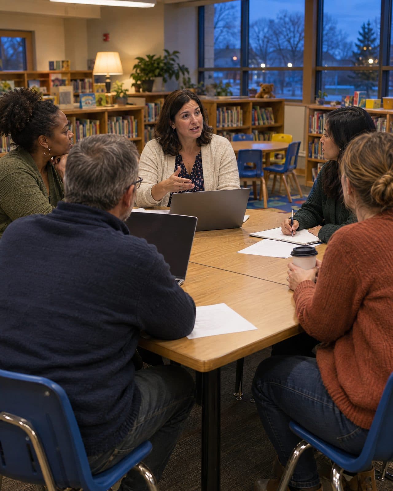 Parent volunteers meeting around a table in a school library in the evening.