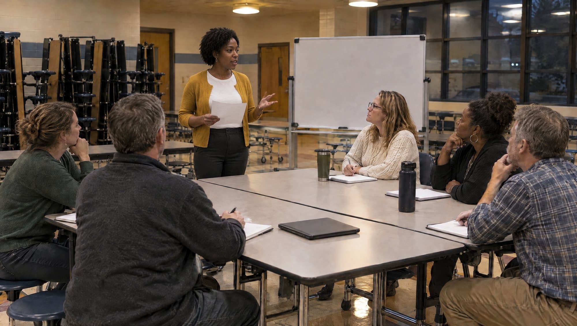 Six adults at tables in a school cafeteria in the evening; one woman stands and speaks from a printed page.