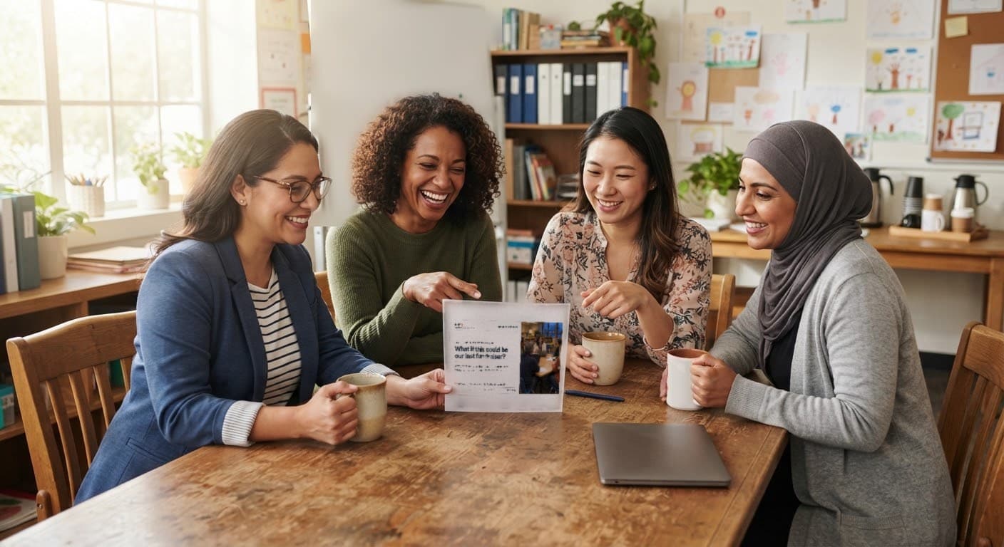 Four women looking at a flyer at a wooden table