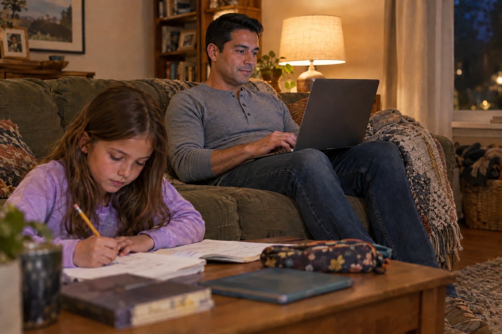 A father typing on a laptop on the couch while his daughter does homework at the coffee table